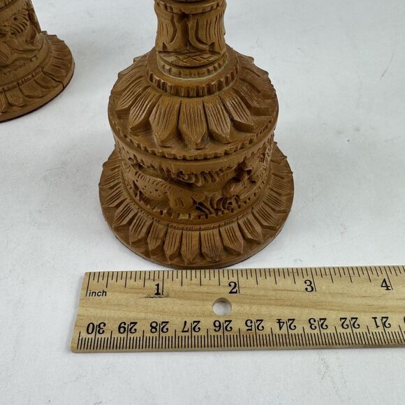 Pair Hand Carved Wooden Flower Vintage Vase Elephant Lion Home Garden Decor Art - Picture 9 of 10